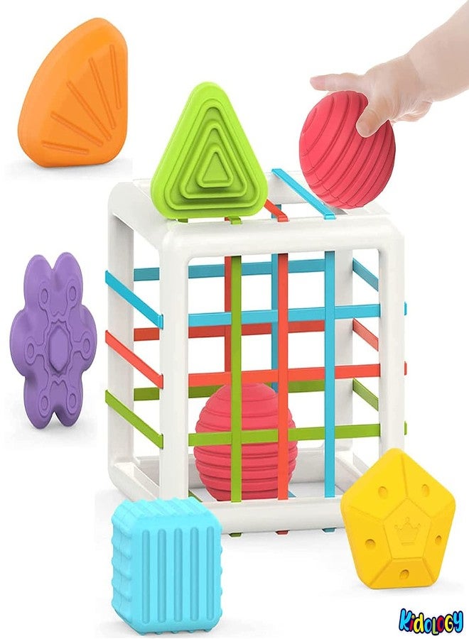 Kidology Baby Shape Sorting Toy | Montessori Sensory Toys with 6 Pcs Blocks Colorful Cube for Kids | Shape Sorting Bin with Elastic Bands Fine Motor Skill Early Learning Preschool Educational Blocks - Image 2